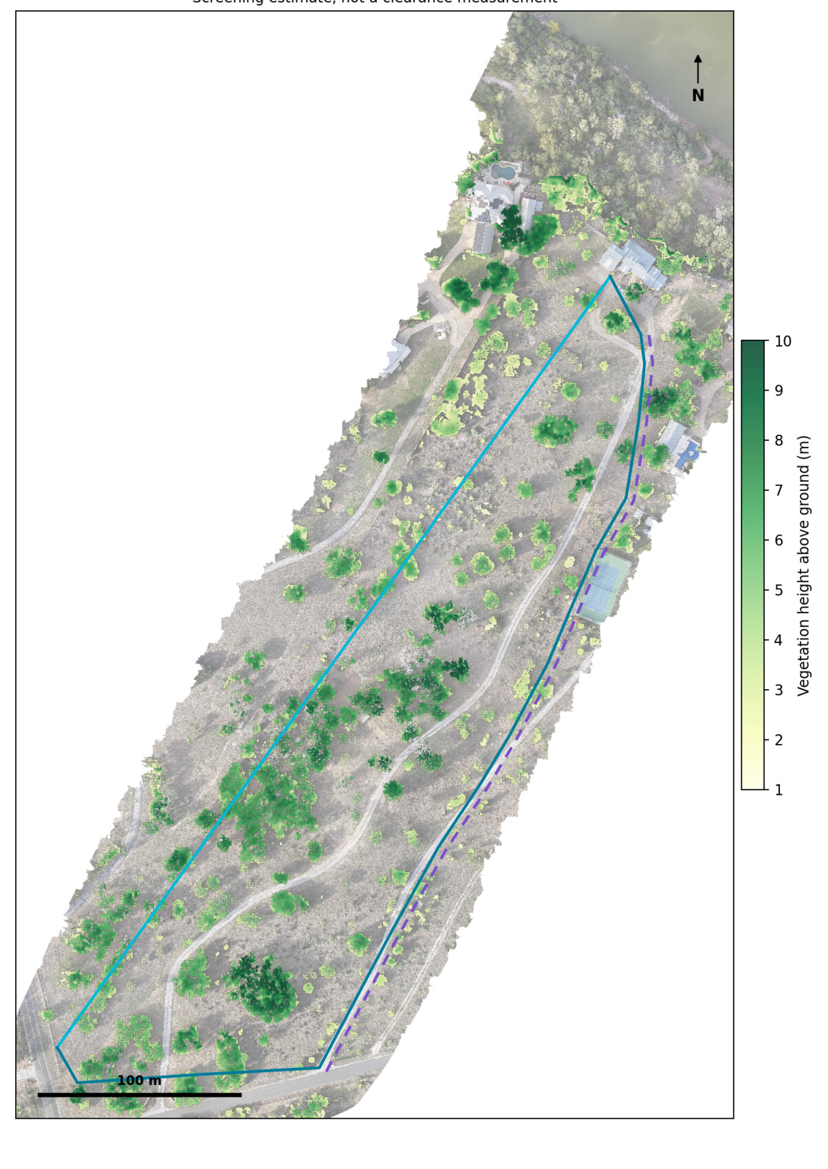 Illustrative map showing estimated vegetation heights along corridor options