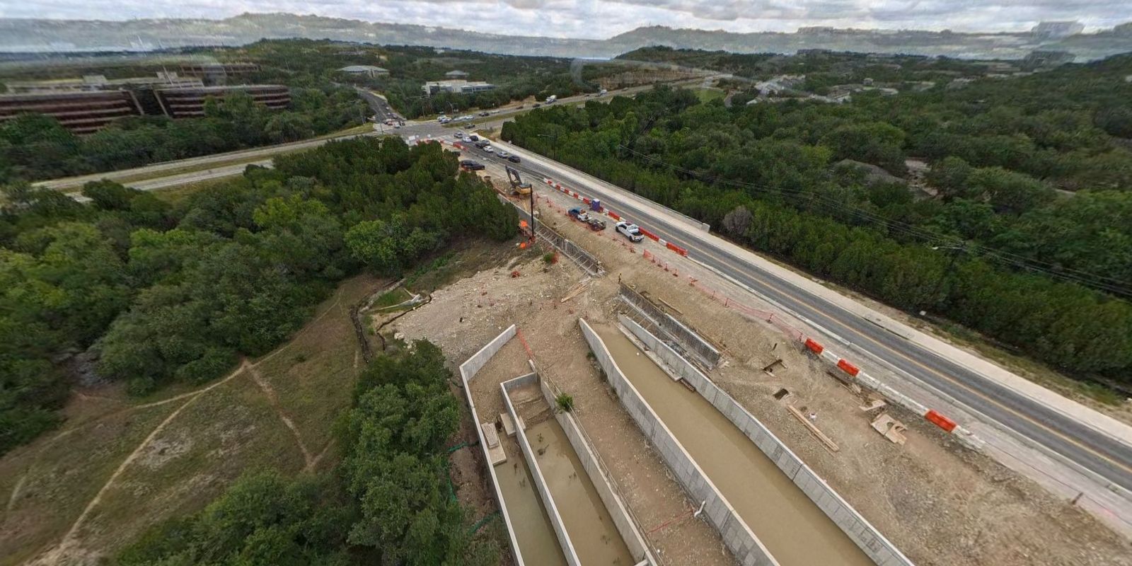Frame from a 360 degree aerial capture of an active Austin construction site
